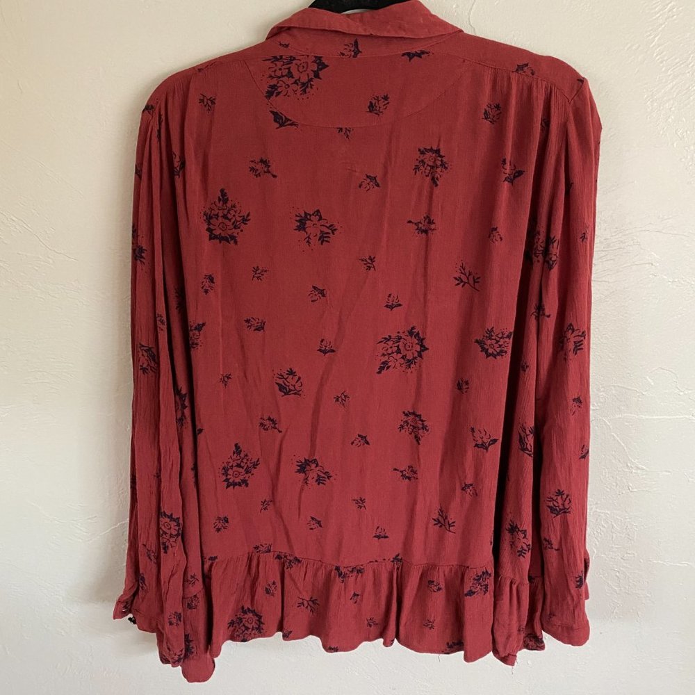 Free People Rust Floral Ruffle Hem Button Down - Picture 6 of 7